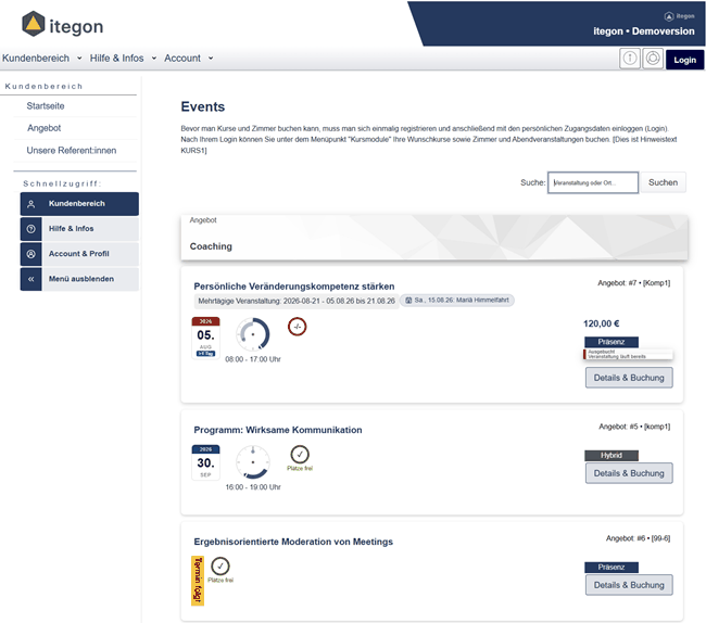 Veranstaltungsübersicht eines itegon-Portals mit mehreren Terminen, Angabe der Veranstaltungsform und Schaltfläche „Details & Buchung“